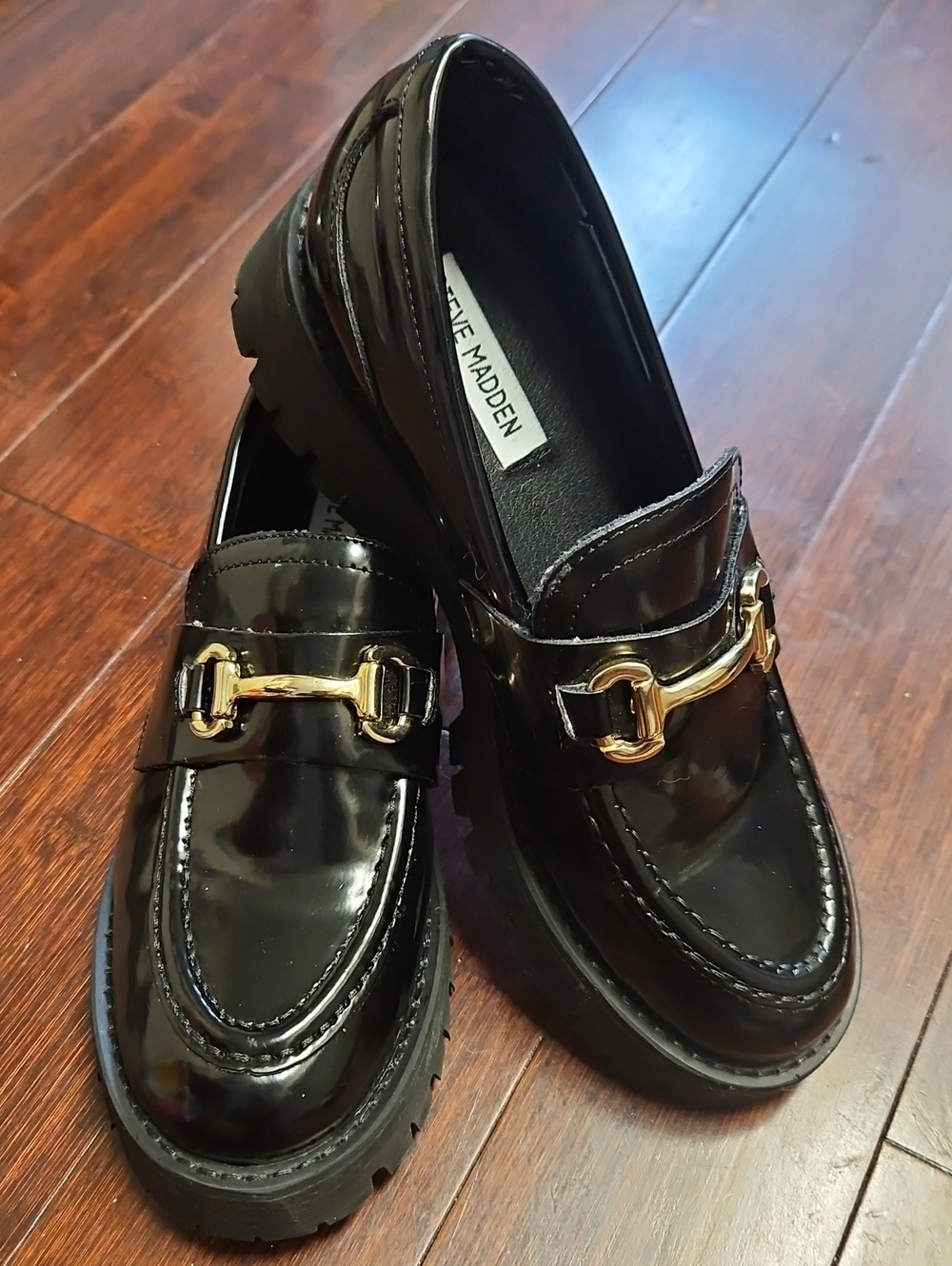 Steve Madden Black Patent Leather Loafers with Gold Horsebit
